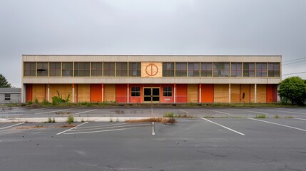 boarded-up building with a faded company logo, empty parking lot, reflecting a failed business venture, gray sky in the background