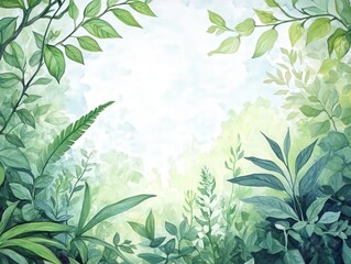A serene illustration of lush green foliage framing a soft, misty background, perfect for nature-themed projects.