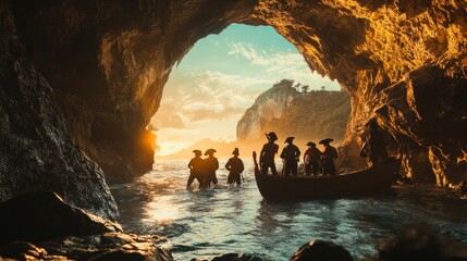 Fototapeta premium A group of pirates on an adventure, exploring a treasure island, perfect for stock images representing action, adventure, or storytelling