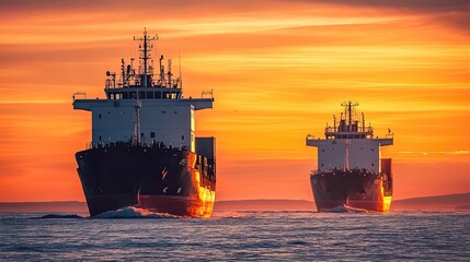 Obraz premium Two ships navigating at sunset on calm waters.