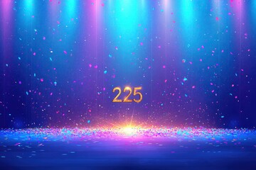 Obraz premium Magical stage with glowing 225 and light rays on dark background
