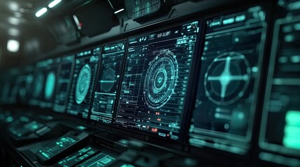 Obraz premium Futuristic control panel with digital displays.