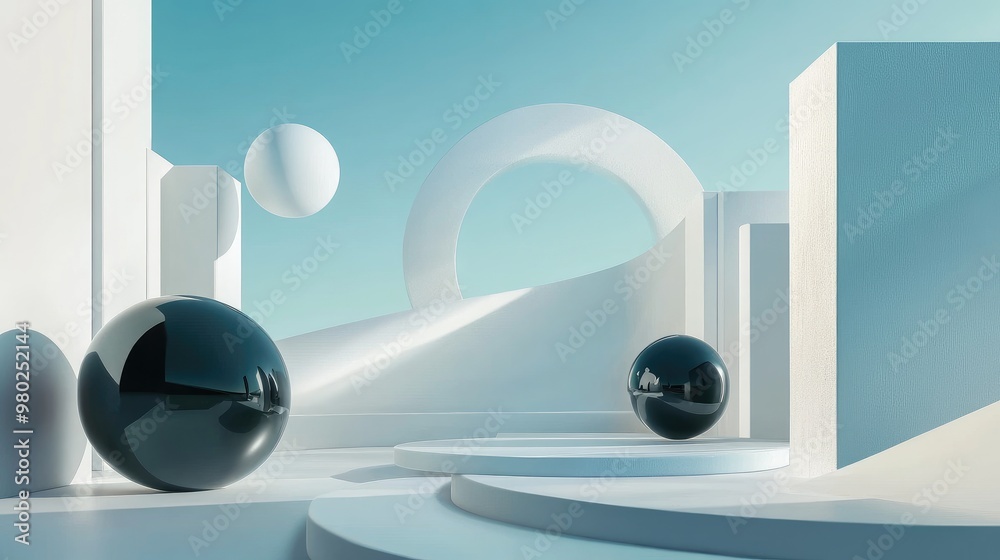 Fototapete sleek 3d abstract shapes floating in a futuristic scene, designed with space for text. minimal backg