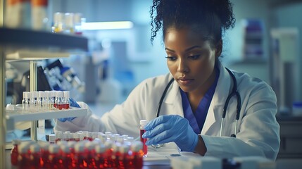 African American woman in a lab studies pharmaceutical samples and patient vials.