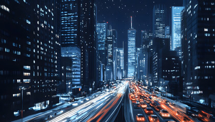 Obraz premium A bustling city at night, with skyscrapers illuminated and traffic creating streaks of light