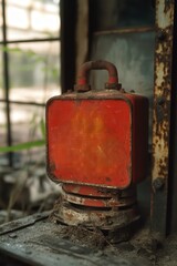 An old, rusty orange industrial device resting on a dusty surface, highlighting the passage of time and decay in urban environments.