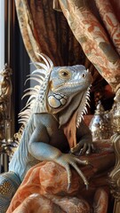 Obraz premium An iguana in an opulent setting, surrounded by luxurious curtains and elegant decor elements.
