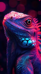 Fototapeta premium An iguana in Synthwave style, with neon colors and a retro-futuristic, vibrant ambiance.