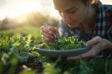 An individual eating a homegrown vegetable, appreciating the journey from garden to plate, highlighting the connection to food sources.