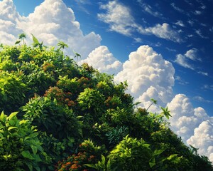 Obraz premium Vibrant green hill surrounded by fluffy clouds under a bright blue sky, showcasing nature's beauty and serenity.