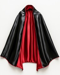 A vampire cape with red lining, draped on a white background