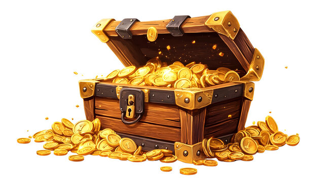 A treasure chest overflowing with gold coins, symbolizing wealth and fortune, perfect for fantasy or adventure themes.