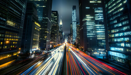 Obraz premium A bustling city at night, with skyscrapers illuminated and traffic creating streaks of light
