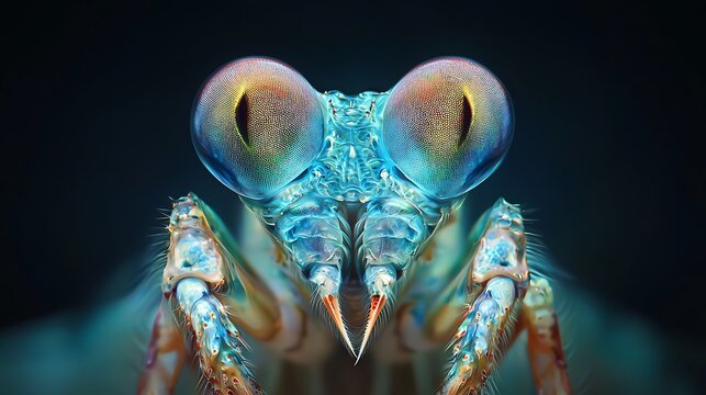 Close-up macro photo of a mantis shrimp's face
