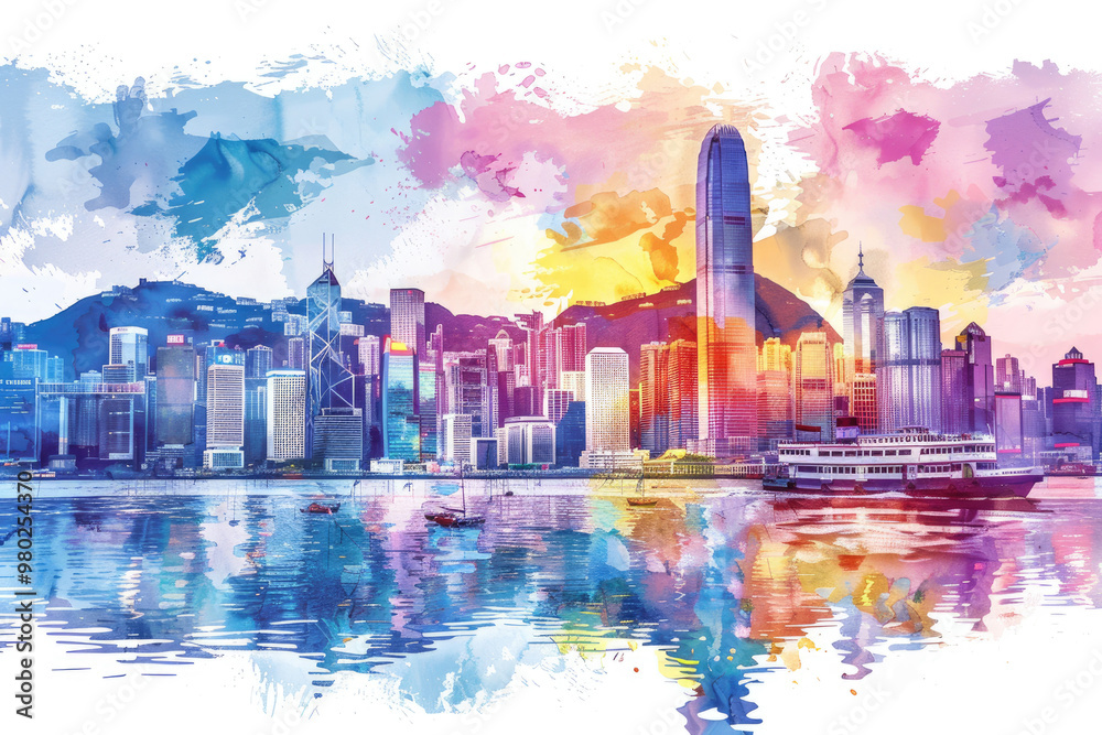 Sticker Illustration of Urban Architecture in Hong Kong