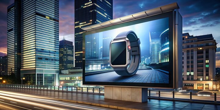 Large billboard advertisement in urban cityscape featuring sleek smartwatch on a dark background with modern font, promoting cutting-edge wearable technology innovation.