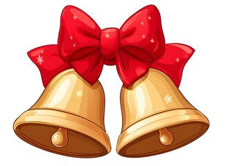 A vibrant illustration of two golden bells tied with a red bow, perfect for holiday themes and festive decorations.