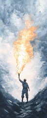 A figure stands in a dark landscape, holding a flaming torch that illuminates the surrounding mist, symbolizing hope and guidance.