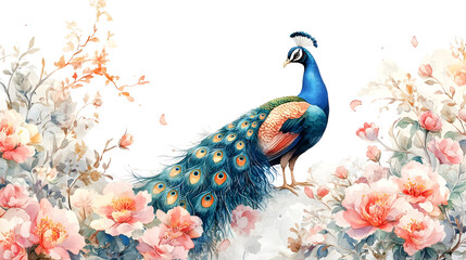 Naklejka premium A vibrant peacock perched amidst beautiful blooming flowers, showcasing its stunning plumage against a floral backdrop.