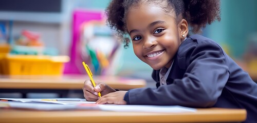 Smiling young black schoolgirl learns and writes in a classroom among diverse peers.