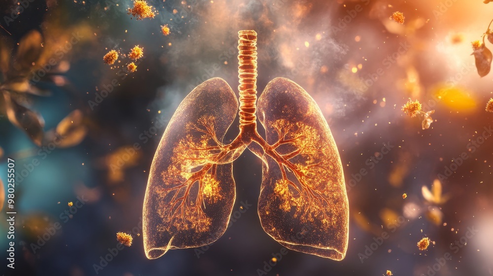 Leinwandbilder an intricate representation of human lungs glows amidst colorful particles, illustrating the respira
