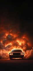 Fototapeta premium A powerful car emerges from dramatic flames, showcasing intensity and energy in a striking, cinematic atmosphere.