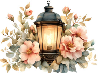 A vintage lantern surrounded by blooming flowers, creating a warm and inviting atmosphere for home decor and event styling.