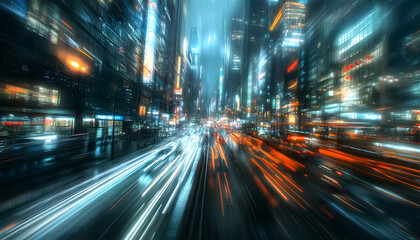 Naklejka premium A bustling city at night, with skyscrapers illuminated and traffic creating streaks of light
