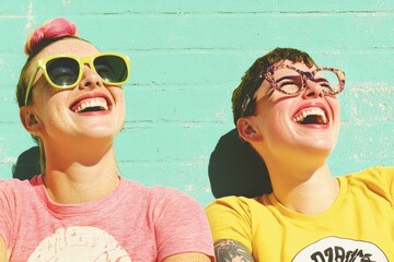 Joyful Contemporary Women with Colorful Glasses Sharing Laughter Against Vibrant Teal Backdrop