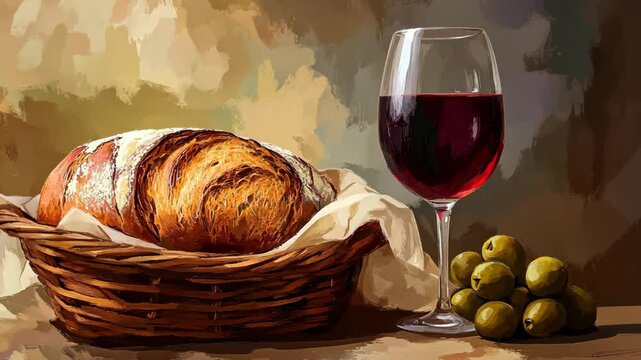 Enjoying freshly baked bread with a glass of red wine and olives on a rustic table during a cozy evening