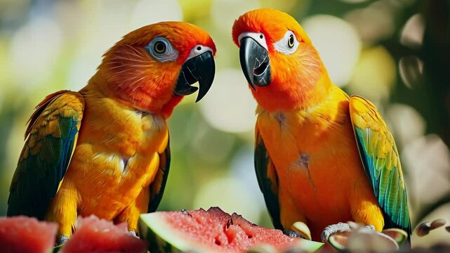 Colorful parrots enjoying fresh watermelon together in a lush garden setting during a sunny afternoon