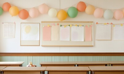 Decorated Classroom with Balloons - Colorful Celebration Atmosphere in Elementary School