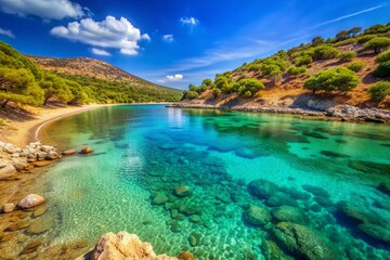 Serene turquoise waters lap against the sun-kissed pebbled shore of Katsadia beach on Lipsi island, Greece, surrounded by lush green hills and crystal-clear coves.