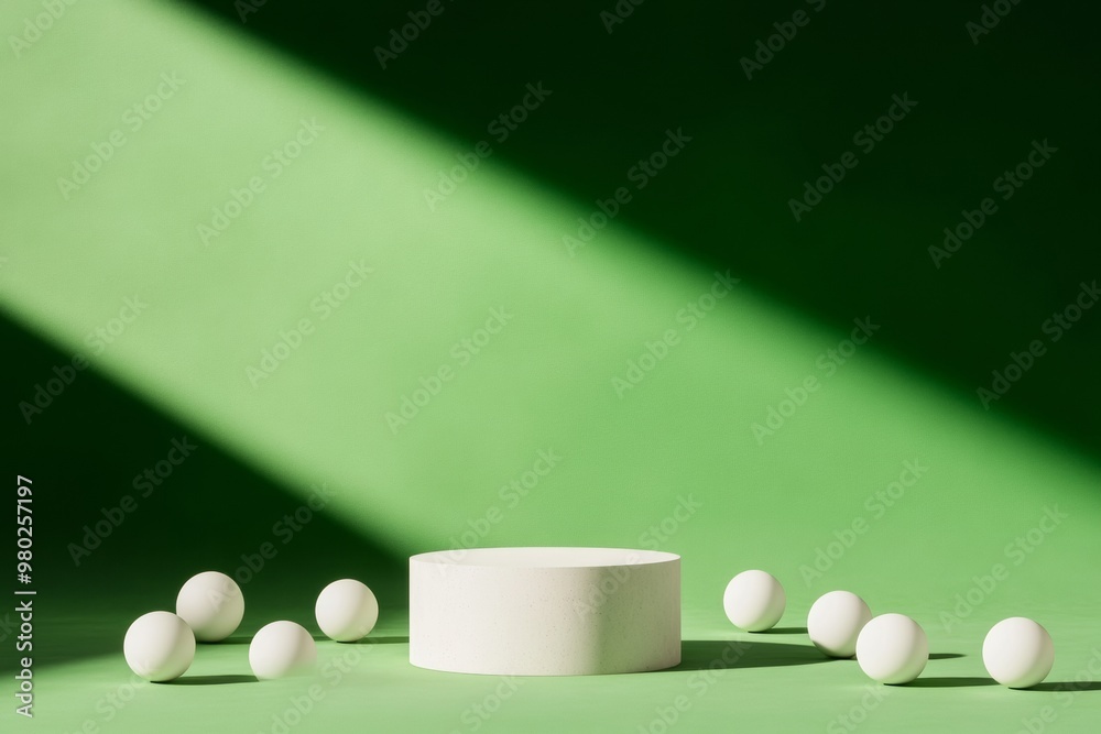 Poster minimalist mockup with textured rubber podium and ping pong balls on vibrant green background