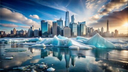 Naklejka premium Melting glacier with a corporate city skyline in the background, visualizing climate change impact from industrial growth.