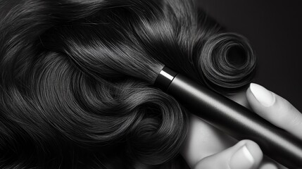 Naklejka premium Close-up of a woman's hand holding a curling iron on black hair.