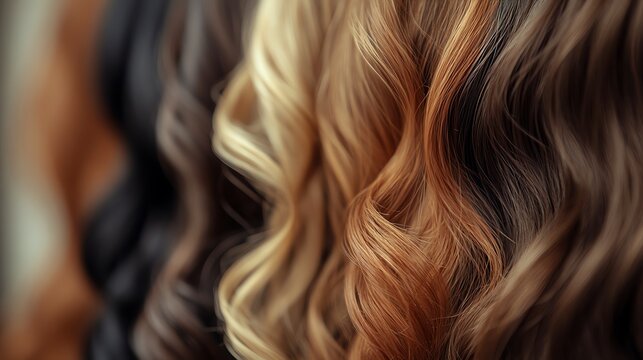 Close-up of long, wavy hair in shades of brown, blonde and auburn.
