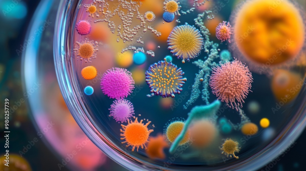 Poster a vibrant display of various microorganisms is captured in a petri dish, showcasing their diverse sh