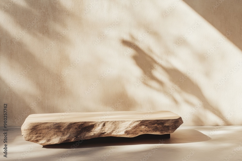 Poster minimalist wooden podium in soft beige and brown monochrome setting with warm golden light dynamic s