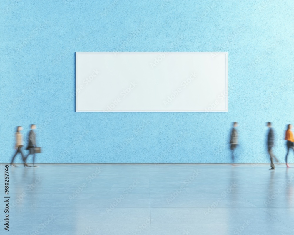 Poster Dynamic Airport Terminal with Empty Billboard and Motion Blur of Passing People in Soft Pastel Colors