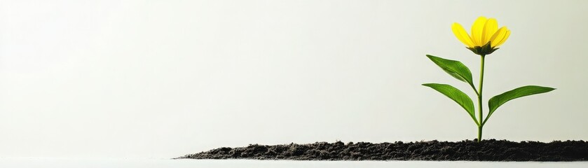 A vibrant yellow flower emerging from dark soil, symbolizing growth, resilience, and the beauty of nature in simplicity.