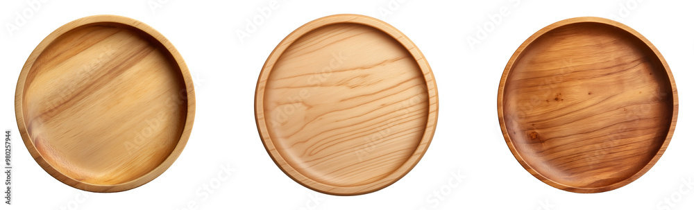 Poster photo of three round wooden plates with smooth surfaces and natural wood grain patterns perfect for 