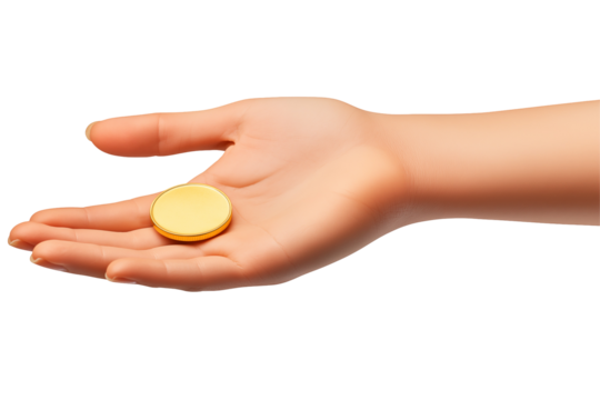 photo of a plain gold coin resting in the center of an open palm symbolizing wealth investment and financial security ideal for illustrating concepts related to savings currency finance economy and pr