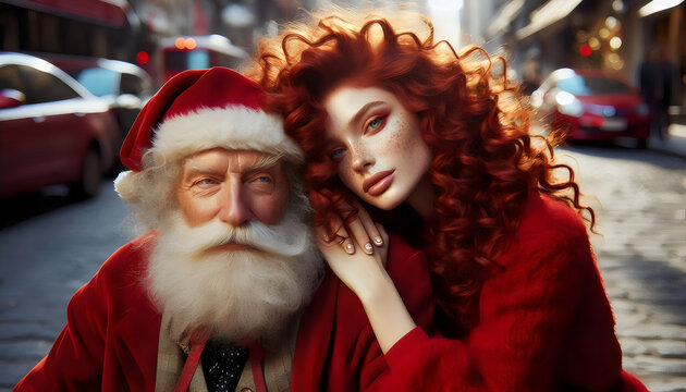 MUJER PELIROJA ABRAZANDO A UN SANTA CLAUS EN LA CALLE
