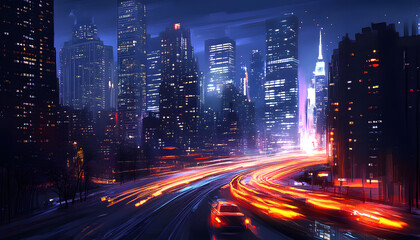 Obraz premium A bustling city at night, with skyscrapers illuminated and traffic creating streaks of light