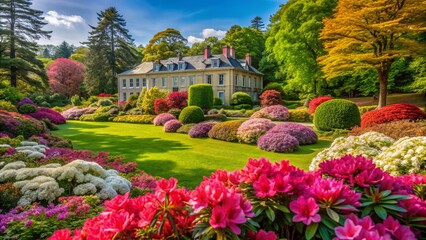 Obraz premium Vibrant azalea and rhododendron flowers bloom in a stunning garden, framed by lush greenery and majestic trees, surrounding a grand luxurious house with elegant facade.