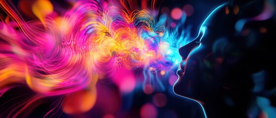 Vibrant abstract visualization of energy flowing from a silhouette, representing creativity, inspiration, and imagination.