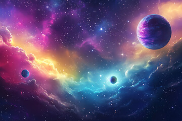 A vibrant cosmic scene with colorful nebulae and planets in a starry space background.