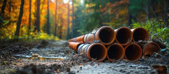 Pile Of Pvc Construction Pipes At A Construction Site In The Forest