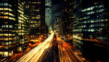 Obraz premium A bustling city at night, with skyscrapers illuminated and traffic creating streaks of light